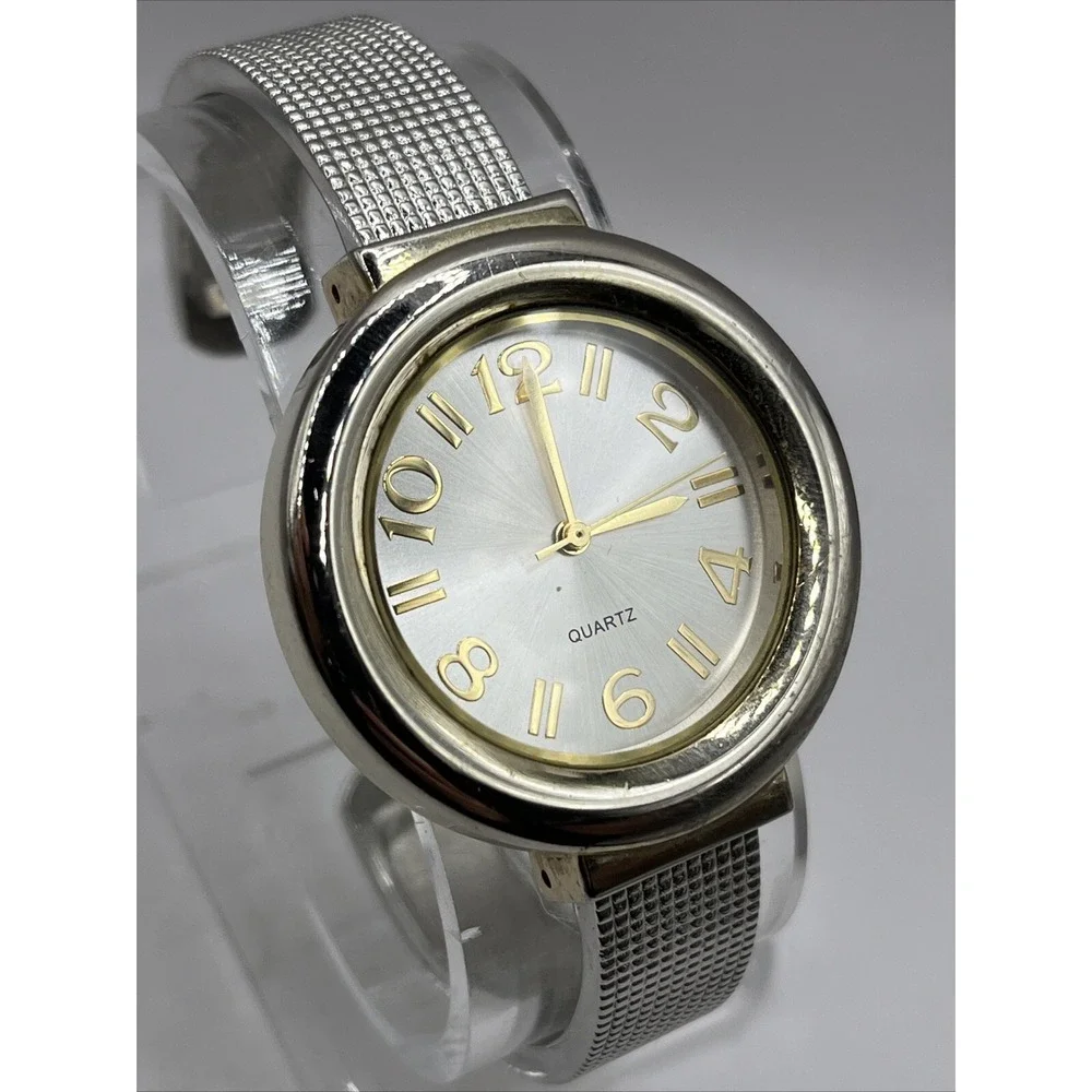 Women's Two Tone Quartz Bangle Cuff Band Watch 36mm Case-‎ New Battery